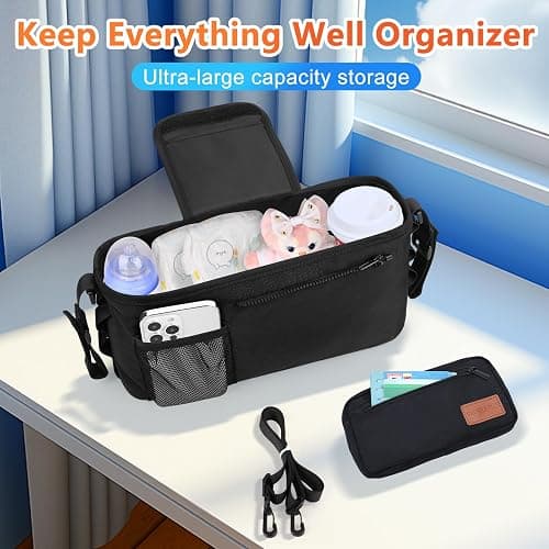 Guiseapue Pram Organiser Bag with Cup Holder: Large Capacity Pram Cup Holder with Non Slip Strap, Universal Stroller Bag, Pushchair Pram Accessories for Baby Buggy Doona, Nuna, Jogger, Bugaboo thumbnail 3