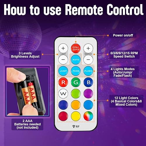 Disco Ball with Motor and 6 Inch Mirror Ball, Rotating 0/3/6/9/12/15 RPM Variable Speed,12 Lighting Colors and 4 Light Modes, 16 FT USB Power Cable and Remote Control, for Party Wedding Christmas thumbnail 7