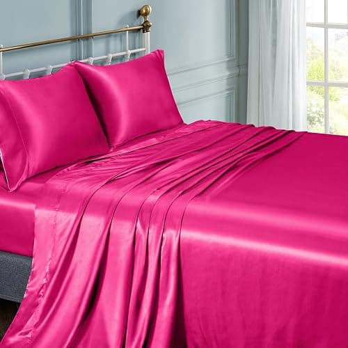 Vonty Satin Sheets Queen Size Silky Soft Satin Bed Sheets Hot Pink Sheet Set, 1 Deep Pocket Fitted Sheet + 1 Flat Sheet + 2 Pillowcases thumbnail 2