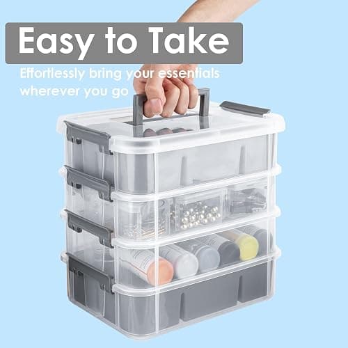 CraftGenes Craft Organizers and Storage, 4-Tier 10 Qt Box, 2 Trays, Grey | Clear Compartments; Dual Removable Inserts; Carry Handle; Side Latches; Beads, Ribbon, Stamps, Scrapbook Pieces, DIY Tools thumbnail 5