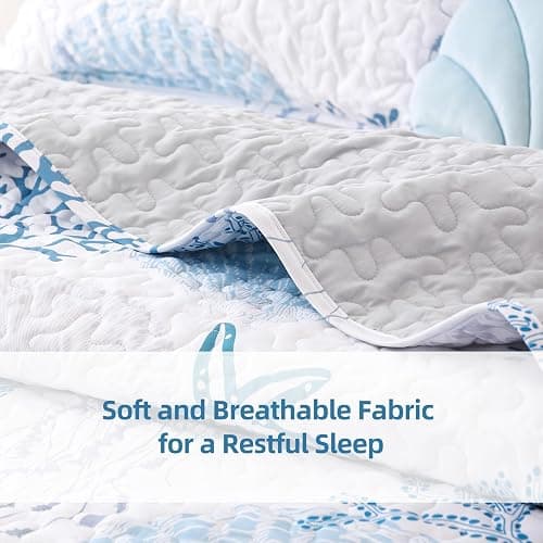 weigelia Coastal Quilts Bedding Set Queen Size - Blue Summer Nautical Bedding Quilt with Pillow Cases, Beach Reversible Quilt Set Bedspreads Coverlet Soft Lightweight Comforter thumbnail 4