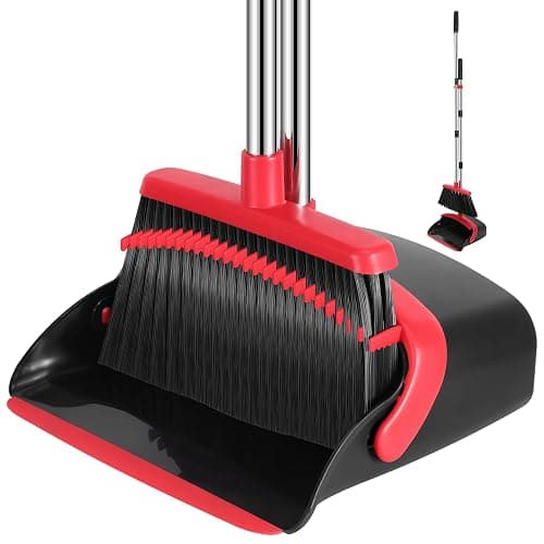 NACENA Broom and Dustpan Set, 52-in Long Adjustable Handle Broom Dustpan Combo with Dustpan Teeth to Automatically Clean Hair Suitable for Home Kitchen Office Hall Floor(Black&Red) - Image 1