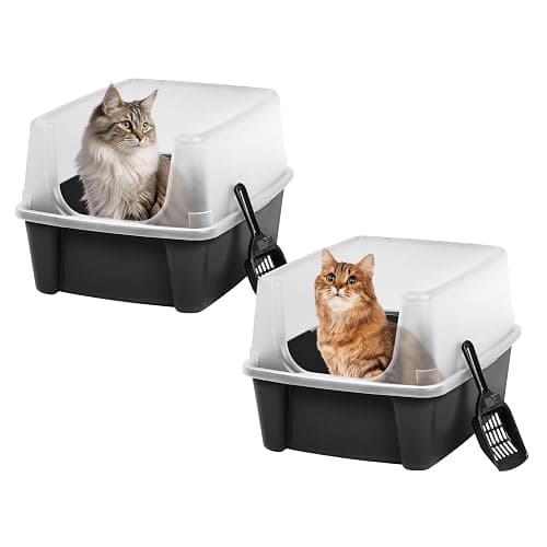IRIS USA 2 Pack Large Open Top Cat Litter Box with High Sides, Scatter Shield & Scoop, Black, for Indoor Cats, Kittens or Multicat Homes - Image 1