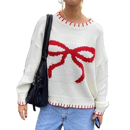 Women Cute Bow Sweater Long Sleeve Bow Front Knitted Pullover Oversized Jumper Ribbed Knitwear Y2k Going Out Top - Image 1