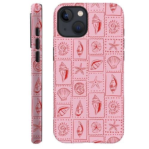 Case for iPhone 13,Frosted 2-Layer Durable Case for Girl Women,Pink Seashells Stamps Beachy - Pink Seashells Stamps Beachy - iPhone 13 - Image 1