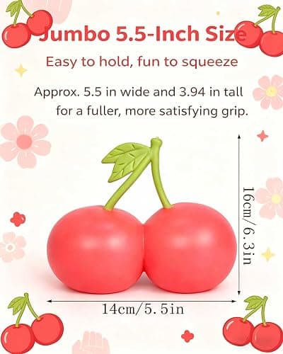 Gytera Giant Cherry Squeeze Toy, Slow Rising Stress Relief Fidget Toy, Cute Fruit Shaped Squishy Fidget Toys for Adults, Anxiety Relief Sensory Toy for Party Favors, Birthday Gifts, Desk Decor thumbnail 2