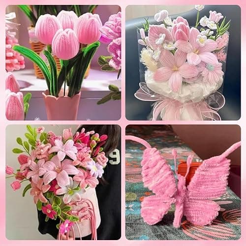 AKINSTER 500 Stück Pfeifenputzer zum Basteln Pfeifenreiniger Blumen Set Pipe Cleaner Flower Set Pfeifenreiniger Rosa mit Blumen Staubblatt Bänder Klebeband Geschenkbox für Basteln & DIY (Rosa) thumbnail 5