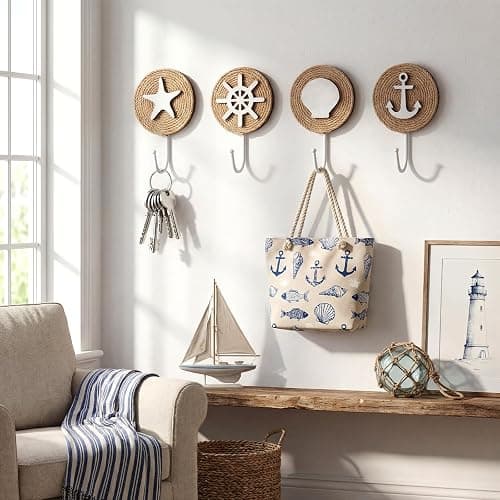 AceOrbit 4 Pcs Home Beach-Themed Towel Hooks Wall Hooks Beach Towel Hook Decorative Wall Hanging for Clothes Towels Hats Bag(Nautical) thumbnail 3