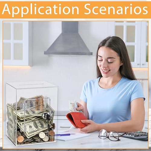 Anvin Acrylic Piggy Bank with Key - Clear Money Saving Bank for Adults & Kids - Secure Lock & Reusable Visual Goal Tracker - Modern Transparent Coin Jar thumbnail 2