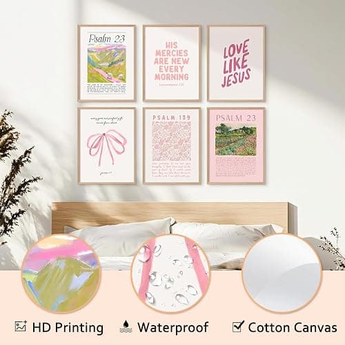 Wonninek Pink Christian Wall Art Decor Posters, Pink Bow Bathroom Bedroom Dorm Wall Art Decor Aesthetic for College Teen Girls Gifts, Inspirational Bible Verses Bow Wall Decor, 8x10 Inch Set of 6 Pcs Unframed thumbnail 3