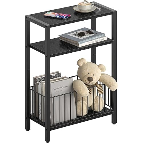 Yoobure Narrow Side Table with Storage Basket, Small End Table for Small Spaces, Skinny Side Tables Living Room Bedroom Office, Slim Nightstand 3 Tier Bedside Table Space-Saving for Magazine, Black - Image 1