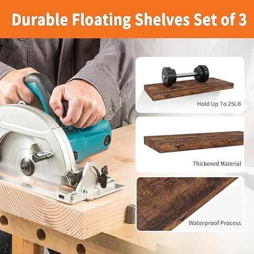 Upassion Floating Shelves for Wall Set of 3, 16" Rustic Brown Floating Shelves, Home Decor, Frame Display Wall Shelf for Bedroom, Kitchen, Bathroom, Living Room thumbnail 4