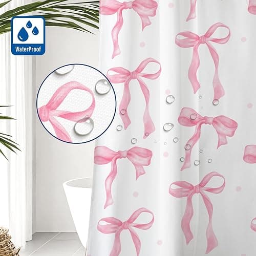 Cute Shower Curtain, Bow Pattern Waterproof Fabric Shower Curtain for Bathroom Decor, Aesthetic Modern Shower Curtains Sets with Hooks for Women Girls 72x72 Inches (Pink) thumbnail 4