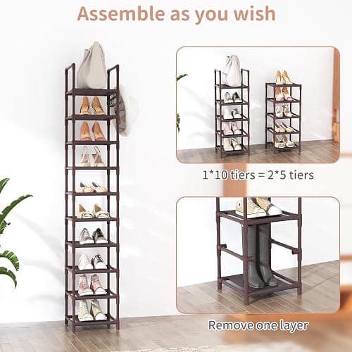 LANTEFUL Tall Shoe Rack 10-Tier Narrow Shoe Shelf Storage for 10-15 Pairs Shoe and Boot, Sturdy Shoe Storage Space Saving Corner Shoe Rack Organizer for Closet, Entryway, Living Room, Brown thumbnail 5