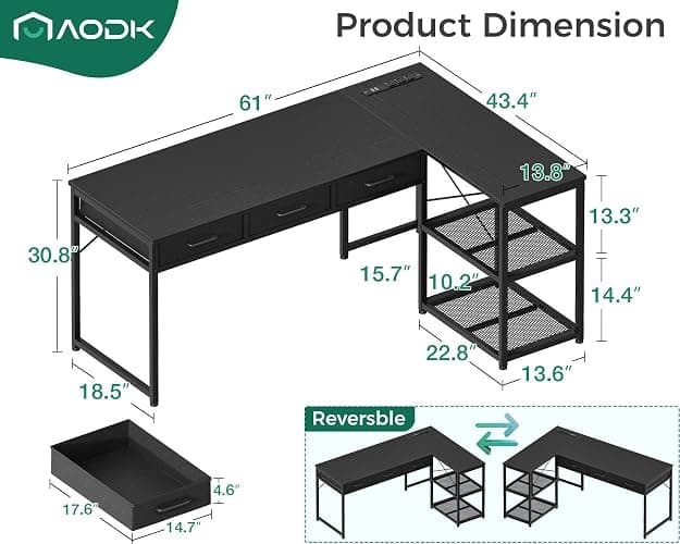 AODK 61 Inch L Shaped Computer Desk with Drawers, Corner Desk with Power Outlets & Reversible Storage Shelves, for Home Office Gaming, Black thumbnail 3