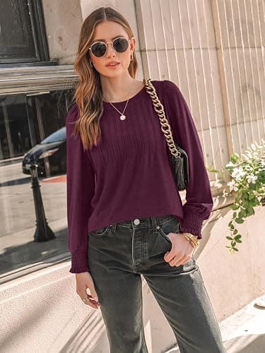 AUTOMET Long Sleeve Shirts Womens Pleated Business Casual Blouses with Smocked Cuffs thumbnail 5