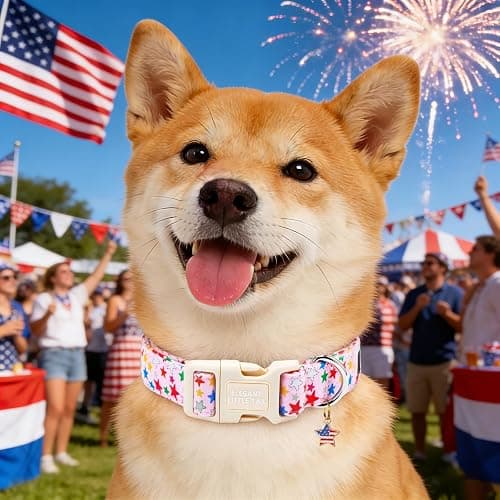 Elegant Little Tail 4th of July Dog Collar with Pendant, Patriotic Pink Stars Patriot Pattern Cotton, Sturdy Quick-Release Plastic Buckle, Girl Adjustable Pet Collar for Medium Dogs thumbnail 6