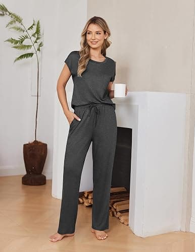 Ekouaer 2 Packs Pajamas for Women Set Cap Sleeve Top and Pants Lounge Set | Soft Comfy Pjs Set Sleepwear with Pockets Loungewear thumbnail 2
