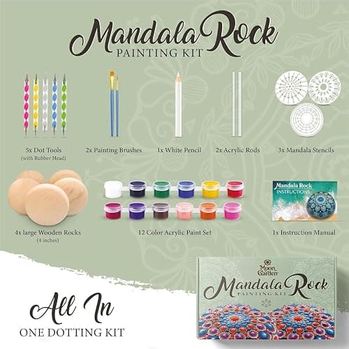 MoonGarden Mandala Rock Painting Kit - Mandala Dotting Tools Kit - Large Wooden Rocks for Painting, Stencils, Acrylic Paints, Dotting Tools for Rocks - Dot Art Kit for Adults & Kids thumbnail 2