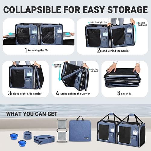 Petskd 2 in 1 Double Cat Car Travel Carrier with Litter Box, 38"x17"x18" Portable Dual Extra Large Cat Carrier for Multiple Cats with Zipper Locks for Moving Across The Country thumbnail 7