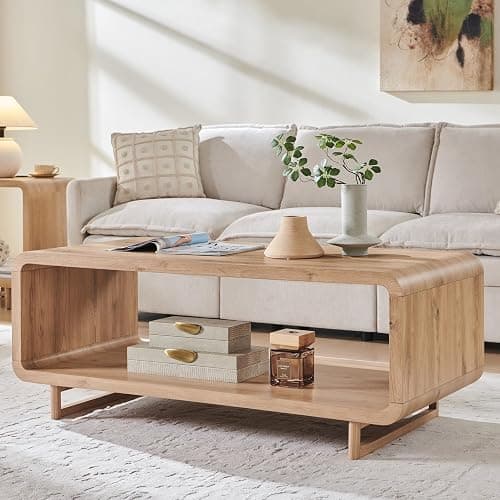 IFGET 48" Modern Coffee Table, 2-Tier Minimalist Center Table with Storage Shelf, Curved Profile Design, Wooden Rectangular Living Room Table w/Wood Thick Design for Living Room, Office, Natural Oak - Image 1
