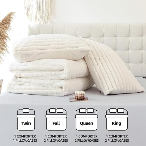 YIKUSH Fluffy Queen Comforter Set 3 Pieces - Cream White Fleece Fluffy Comforter Queen Set, Luxury Fuzzy Queen Bed Set, Soft & Warm Bed Comforter Queen with 2 Pillow Cases thumbnail 6