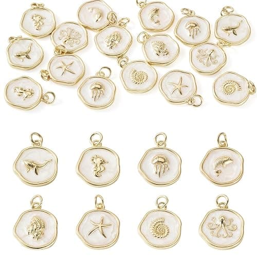 Cheriswelry 16Pcs 18K Gold Plated Sea Animal Charms Flat Round Enamel Alloy Pendants Ocean Summer Beach Craft Charms 17.5x15mm for DIY Bracelet Necklace Earring Jewelry Making - Image 1