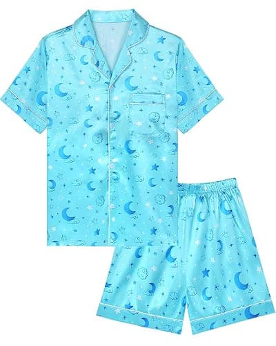 Sylfairy Girls Pajamas Silk PJS Set Pink Bow Satin Sleepwear Short Sleeve Jammies for Kids Button-Down Nightwear size 7-14 - Image 1