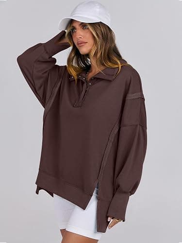 ANRABESS Women's Sweatshirts Oversized Casual Loose Button Up Henley Pullover Top High Low Split 2025 Fall Fashion Outfits thumbnail 4
