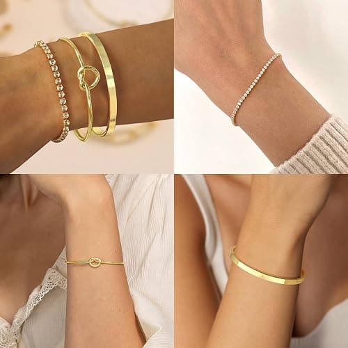 Zalcon Gold Bangle Cuff Knot Bracelet for Women Stack Non Tarnish 14k Gold Plated Dainty Cubic Zirconia Tennis Bracelets Jewelry Set for Women Trendy - style 01 thumbnail 5