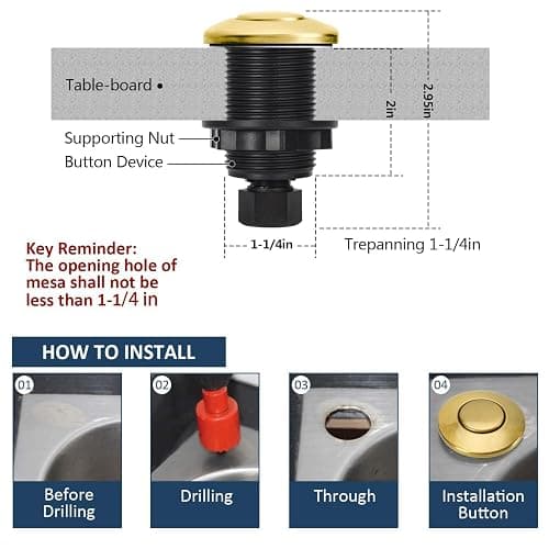 Garbage Disposal Air Switch Kit Sink Top Waste Disposal Single Short Stainless Steel Brushed Gold On/Off Air Button Food and Waste Disposals Part by Etoolcity thumbnail 5
