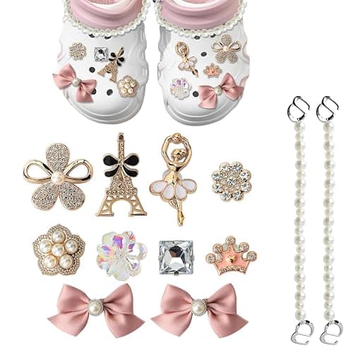12PCS Pink Bow Shoes Charms for Girls and Women, Bling Crystal Shoe Accessories for Crocs DIY Clog Decorations Cute Pink Shoes Charms for Kids and Adults Birthday Present Party Gifts - Image 1