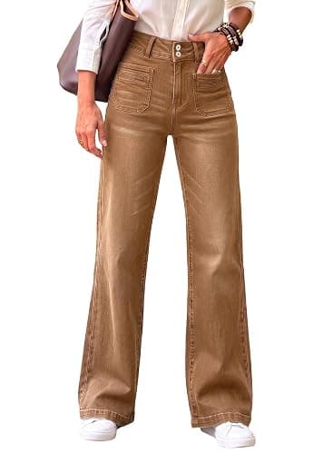 Sidefeel Women's Wide Leg Jeans High Waisted Denim Pants | Double Button Waistband,Tummy Control,Front Patch Pockets,Full Length,High Rise,Stretchy Fabric,Casaul Daily Wear - Image 1