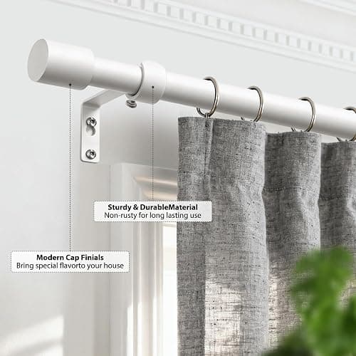 TONIAL White Curtain Rods 32 to 58 Inch(2.6-4.8ft), Adjustable Splicing Window Curtains rod, 3/4 Drapery Rods for Windows 20 to 53 Inch(1.7-4.4ft), Decorative Single Rod with Modern Cap Finial thumbnail 3