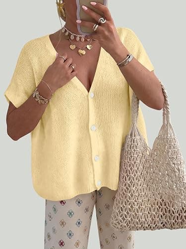 PRETTYGARDEN Womens 2026 Summer Oversized Cardigans Sweaters | Batwing Short Sleeve Lightweight Cardigan, Button V Neck Casual Knit Sweater Tops, Cute Clothes for Travel Vacation Cruise thumbnail 3