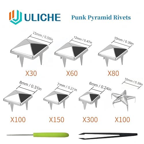 Uliche 820 Pcs Square Pyramid&Star Four-jaw Studs for Clothing,Punk Rivet Kit,Spikes and Studs for Leathercraft Accessories,DIY Craft Decoration for Punk Style Clothes Belts Bags Shoes Dog Collar thumbnail 2