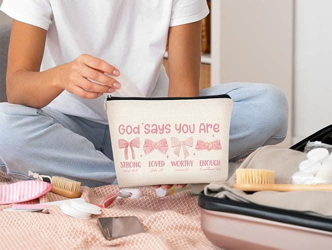 BARPERY God Says You are Preppy Stuff Pink Coquette Bow Makeup Bag, Coquette Accessories,Christian Gifts for Women, Cute Bag, Trendy Makeup Bag, Preppy Christmas Stuff,Cute Makeup Pouch thumbnail 4