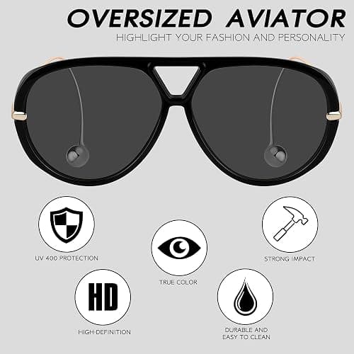 KesaPlan Vintage Oversized Aviator Sunglasses Women with Earring, 70s Retro Shield Big Frame 2025 Luxury Trendy Sun Glasses thumbnail 5