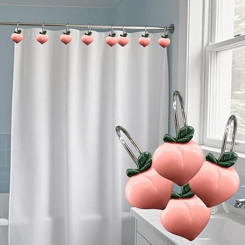 Inshere 12pcs Peach Shower Curtain Hooks,Rustproof Stainless Steels Metal Pink Decorative Shower Curtain Hooks for Bathroom, Cute Fruit Theme Shower Rings Set Bathroom Decor thumbnail 2