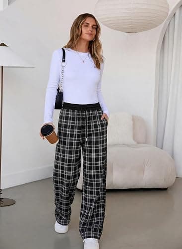 Aleumdr Women's Plaid Wide Leg Sweatpants Gingham Baggy Lounge Pajama Pants | Plaid Checkered Pants, Baggy Lounge Pants, with Pockets, Drawstring Elastic Wait, For Spring Fall, Comfy Loose Fit, PJ Bottom thumbnail 4