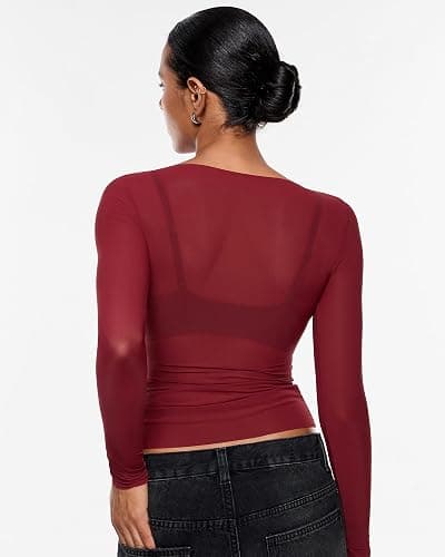 INLYRIC Women's Cosnufy Mesh Sheer Long Sleeve Tops See Through Boat Neck Going Out Tops Trendy Sexy Shirts thumbnail 6