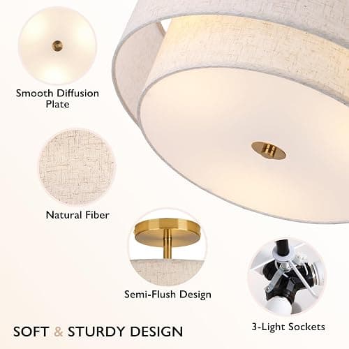CALOKES 16" Double Drum Gold 3-Light Semi Flush Mount Ceiling Light, Classic Fabric Linen Shade Design for Living Room, Bedroom, Kitchen, Dining Room, Hallway and Entryway thumbnail 3
