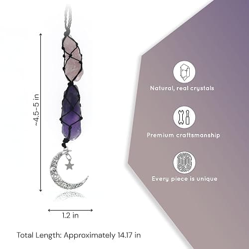 BOHO GARDEN Crystal Hanging Car Charm - Purple Rear View Mirror Hanging Car Accessories for Women, Moon Decor Hanging Ornament, Witchy Gifts and Healing Stones - Rose Quartz & Amethyst thumbnail 3