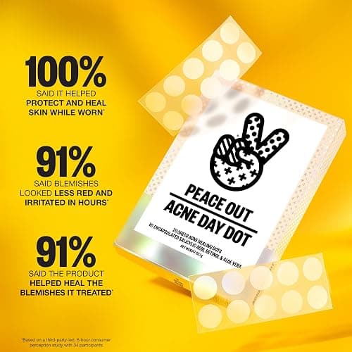 PEACE OUT Acne Day Dot, Sheer Acne Healing Dots, Virtually Invisible Wear, Hydrocolloid Pimple Patches Helps Clear Blemishes Quickly with Encapsulated Salicylic Acid, Retinol & Aloe Vera, 20 dots thumbnail 3