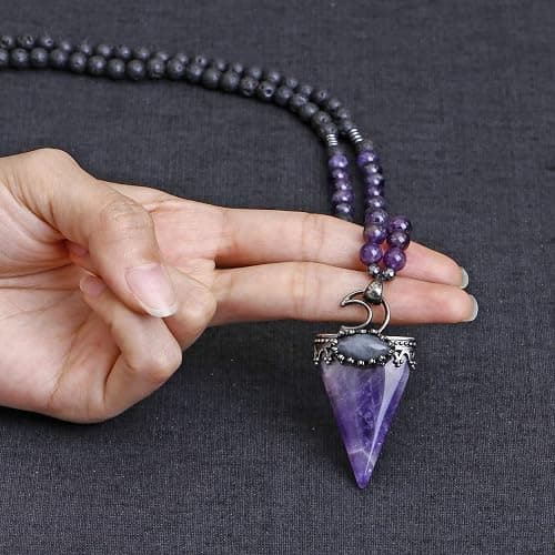 Jovivi 6mm Natural Amethyst Crystal Pendulum Necklace Lava Rock Labradorite Healing Chakra Triangle Pendulum Crystal w/Moon 25inches Adjustable thumbnail 3
