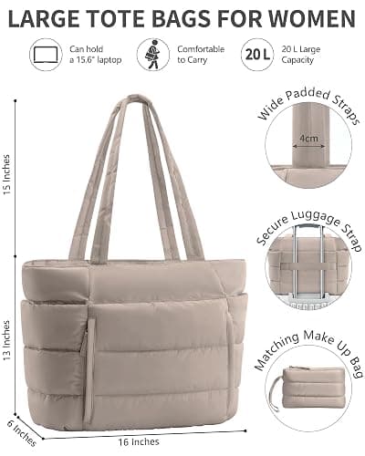 Bagstellar Puffer Tote Bag for Women, Lightweight Puffy Work Handbag Teacher Nurse Quilted Shoulder Bag for School Travel Gym | Cloud Bag w/ Zipper thumbnail 3