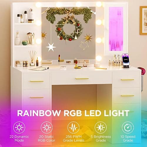ERLEJIA Vanity Desk with Mirror and Lights, Large 43" White Makeup Vanity Desk with 9 Drawers and Power Outlet, 3 Open Shelves and 1 RGB Lighting Cabinet, White and Gold thumbnail 6