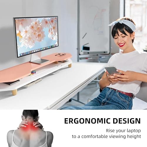 AFOOYO 2 Tier Dual Monitor Stand Riser,Wider Board Computer Monitor Stand for 2 Monitors,Slot For Phone/Tablet Office Desktop Organizer for Laptop,PC,Computer,Printer,Pink thumbnail 7