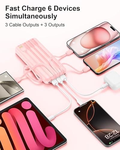 FlyKangaroo Powerbank mit integrierten Kabeln, 10000mAh, 22,5W Schnellladefunktion, USB-C LED-Anzeige, tragbares Ladegerät mit 6 Ausgängen & 2 Eingängen für iPhone, Samsung, Pixel, LG, Moto, pink thumbnail 5