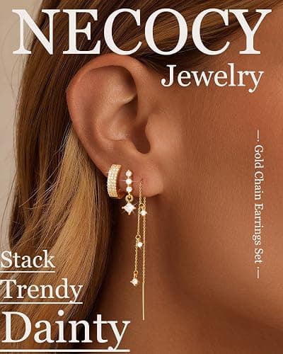NECOCY Christmas Gift 14K Gold Plated Chain Earrings for Women 3/4 Pairs Dangle Dainty Stack Hoop Earrings Set Trendy Cubic Zirconia Stud Earrings for Women Jewelry thumbnail 2